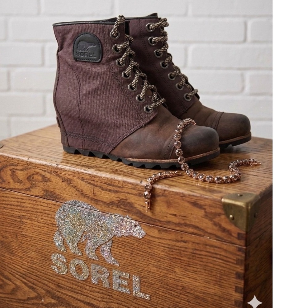 Sorel Arctic 🚨🖤Wedge II Brown‎ Mahogany Canvas Leather Lace Up Boots  8.5